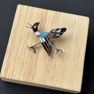 Vintage Zuni signed Sterling Silver Bird Brooch Inlay Turquoise Coral Shell 1.5”